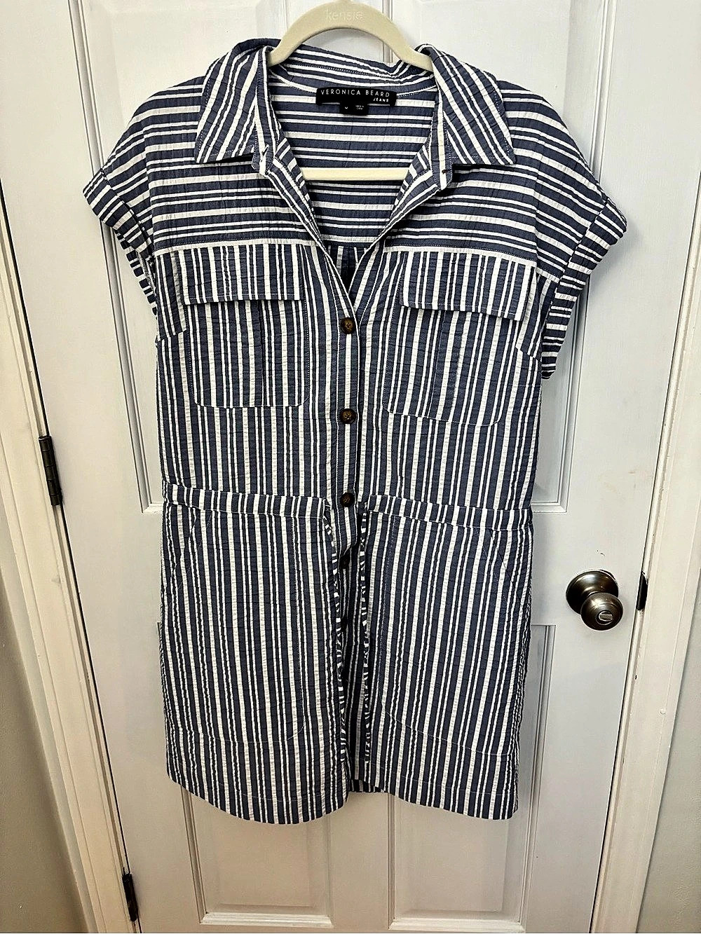 Veronica Beard Susan Stripe Cotton Blend Shirtdress Blue & White Medium